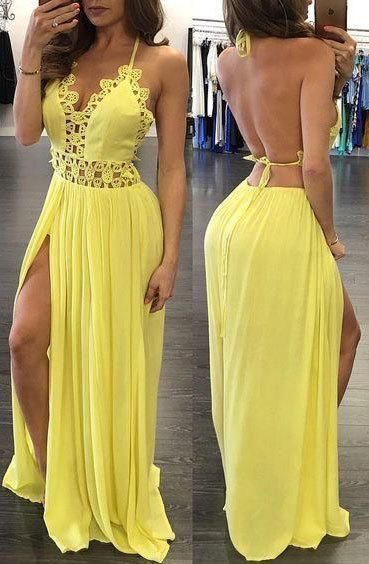 Sexy Yellow Slit Side Prom Dresses Casual