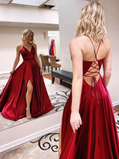 Open Back V Neck Burgundy Long Prom Dresses,Formal Evening Dresses