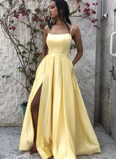 Spaghetti Straps A Line Yellow Prom Dresses, Sexy Evening Dresses