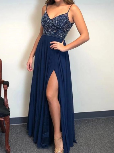 Sexy Spaghetti Straps Long Beaded Prom Dress with Split Slit