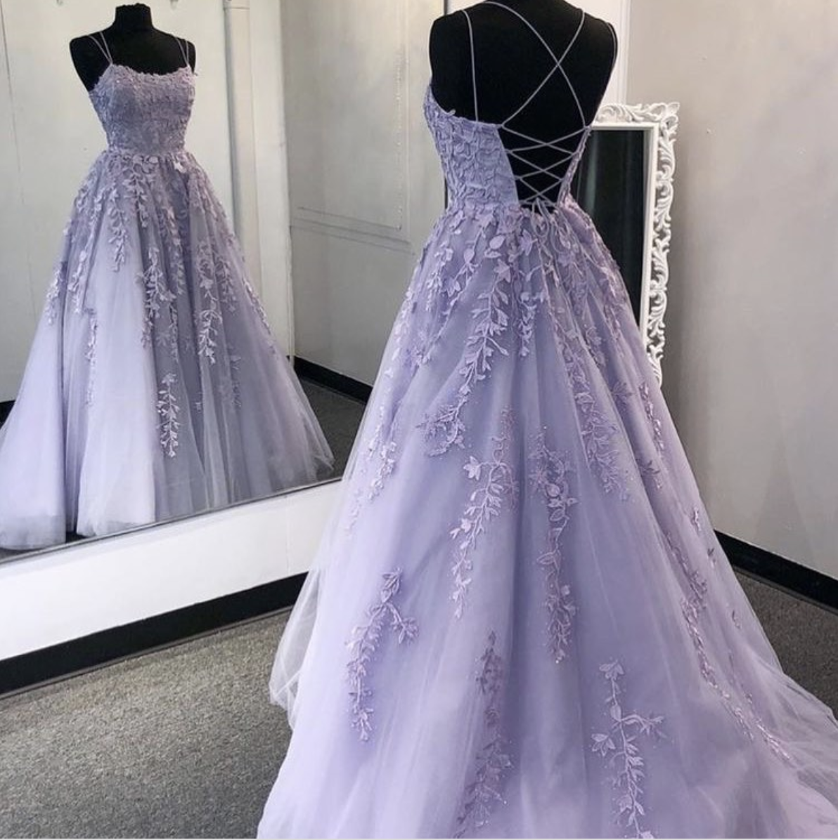 Purple tulle lace long prom dress formal dress