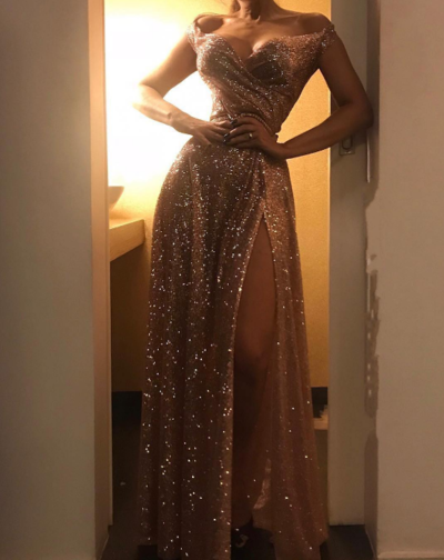 Off-the-Shoulder Sparkly Gold Sequin Long Prom Dresses