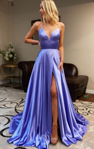 Charming V Neck Spaghetti Straps A Line Prom Dress With Split