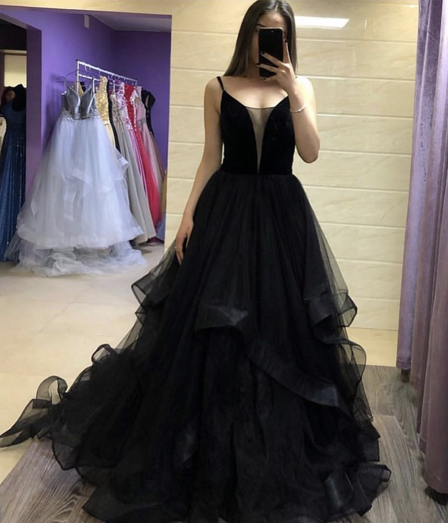 Black tulle long prom dress formal dress