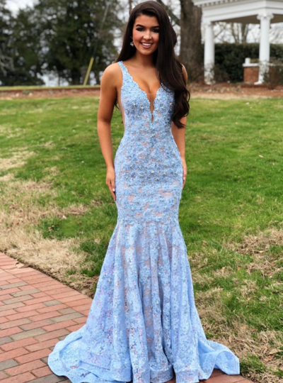 Gorgeous Mermaid Blue Lace Prom Dress,Sexy Evening Dress
