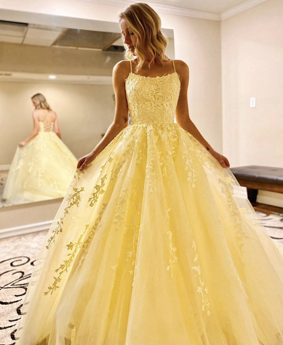 Yellow lace tulle long prom dress formal dress