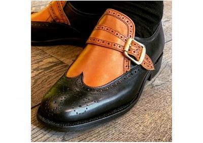 Handmade Wing Tip Brogue Monk Strap Type Tan Black Leather Stylish Shoes Men's