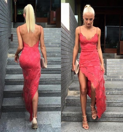 Spaghetti Straps Lace Prom Dresses with Slit Side