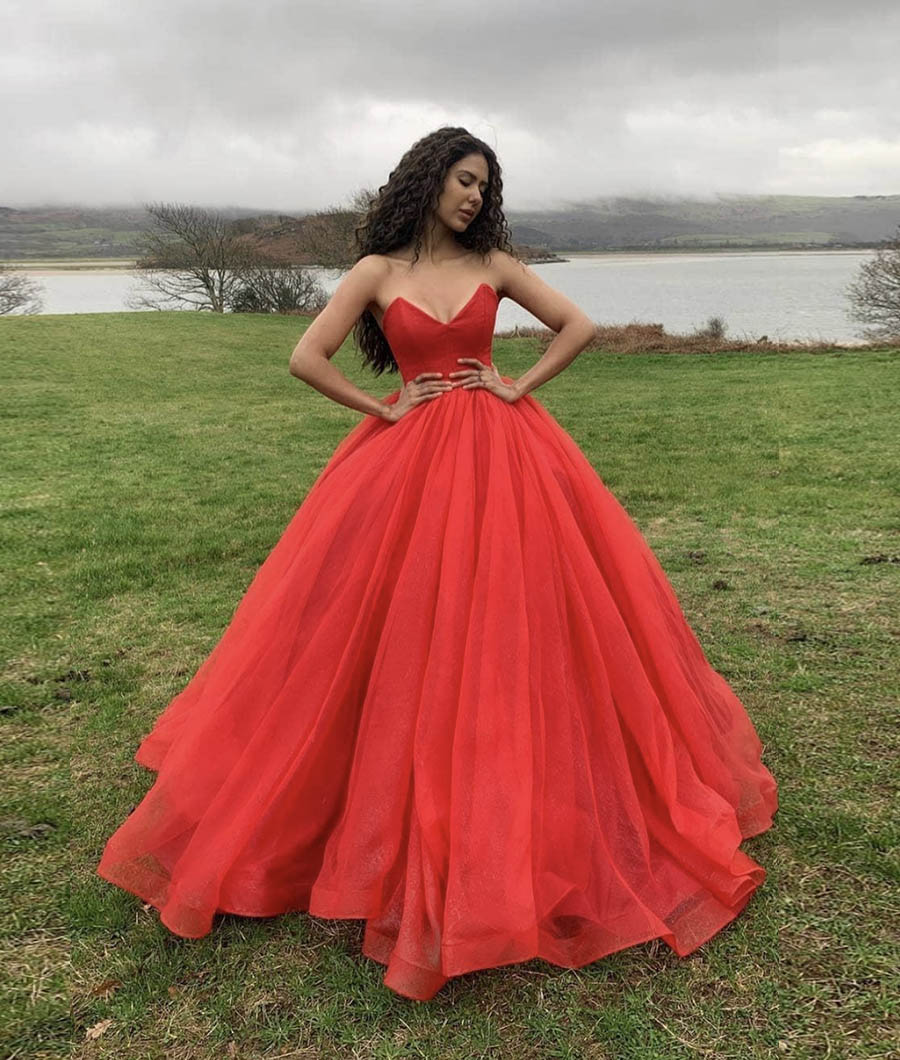 Red tulle long prom gown evening dress