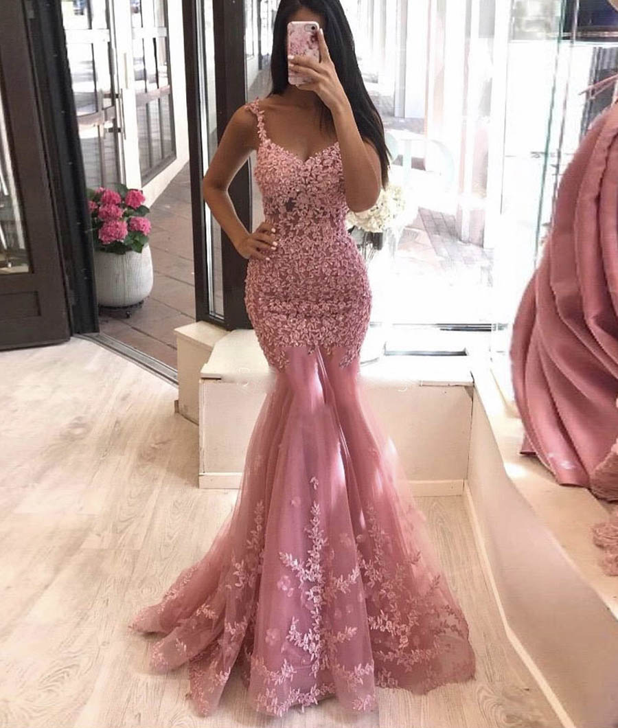 Pink tulle lace prom dress mermaid evening dress