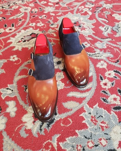 Handmade Men's Cognac Double monk Strap Leather Dress formal custom made shoes