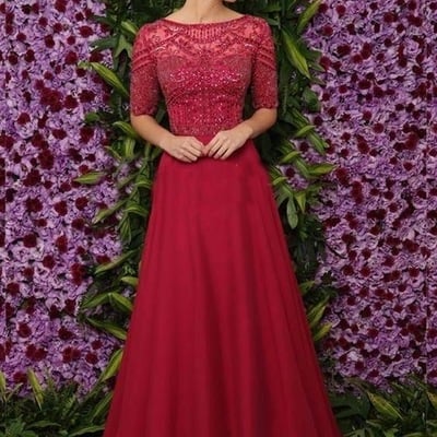 Scoop dark red long prom dresses with rhinestones - Thumbnail 3