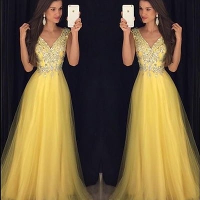 V neck yellow prom dresses with rhinestones - Thumbnail 5