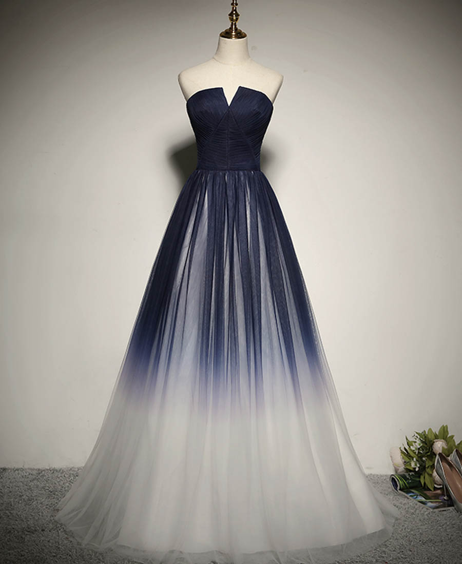 Blue tulle long prom dress formal dress