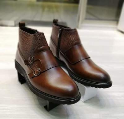 Handmade Brown leather double monk strap ankle high Custom boots for men