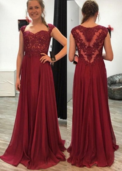 Burgundy Chiffon Long Prom Dresses with Appliques