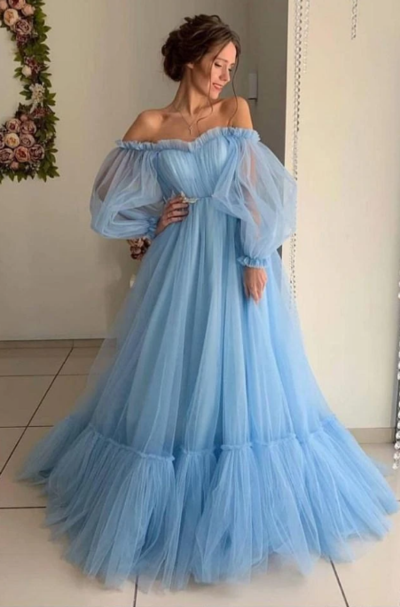 Off the Shoulder Long Sleeve Ball Gown Blue Tulle Prom Dresses