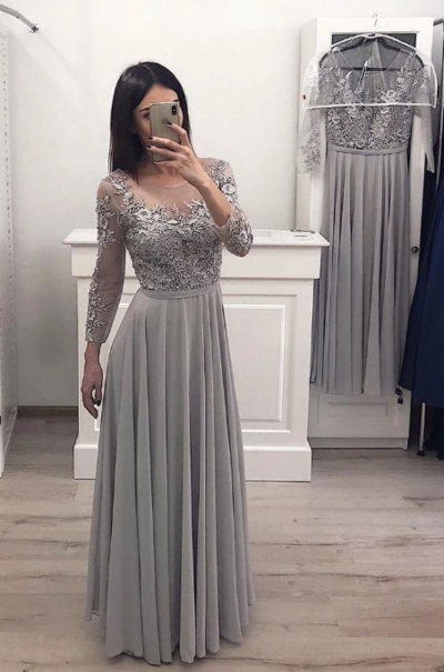 A Line Long Sleeve Gray Chiffon Long Prom Dresses with Lace Appliques