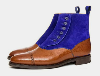 Handmade Brown Blue Leather Suede Decent Unique Oxford Cap Toe Button Ankle Boot For Gentlemen