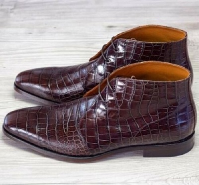 Handmade Men's Lace Up Crocodile Texture Ankle Dress Boots, Real Leather Boots
