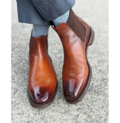 Handmade Men's Brown Chelsea Cap Toe Ankle Dress Boots, Real Leather Boots