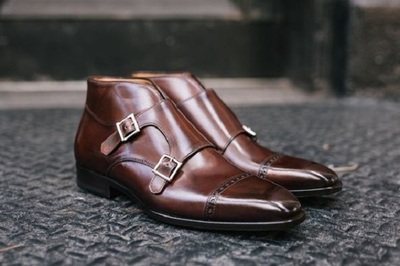 Handmade Men Brown Double Monk Strap Round Toe Dress Boots, Real Leather