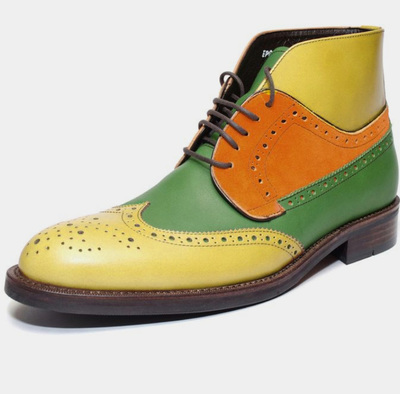 New Handmade Men's Ankle High Yellow Contrast Wing Tip Lace Up Boot In Genuine Leather