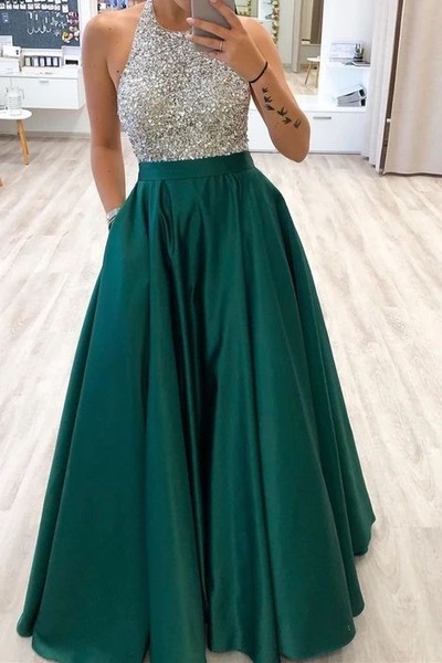Halter Sparkly Long Prom Dresses with Pockets