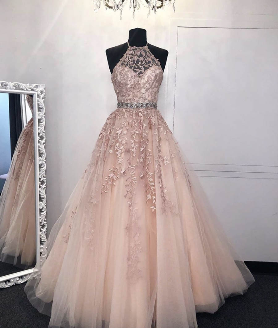 Pink tulle lace long prom dress evening dress