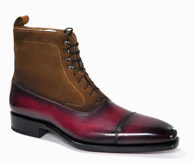 Stylish Customize Handmade Balmoral Burgundy Two Tone Cap Toe Ankle High Boot For Gentlemen In Genuine Leather and Suede