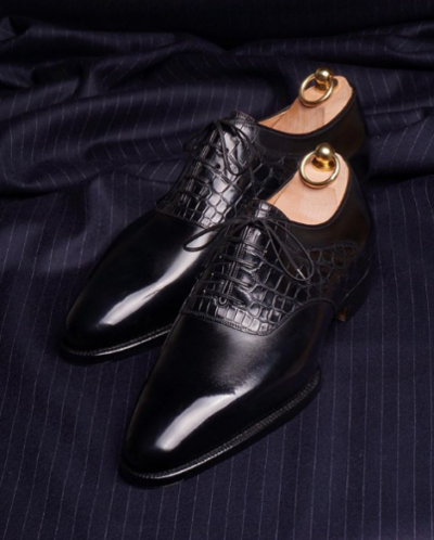 Handmade Men's Black Lace Up Crocodile Texture Leather Dress Formal Shoes