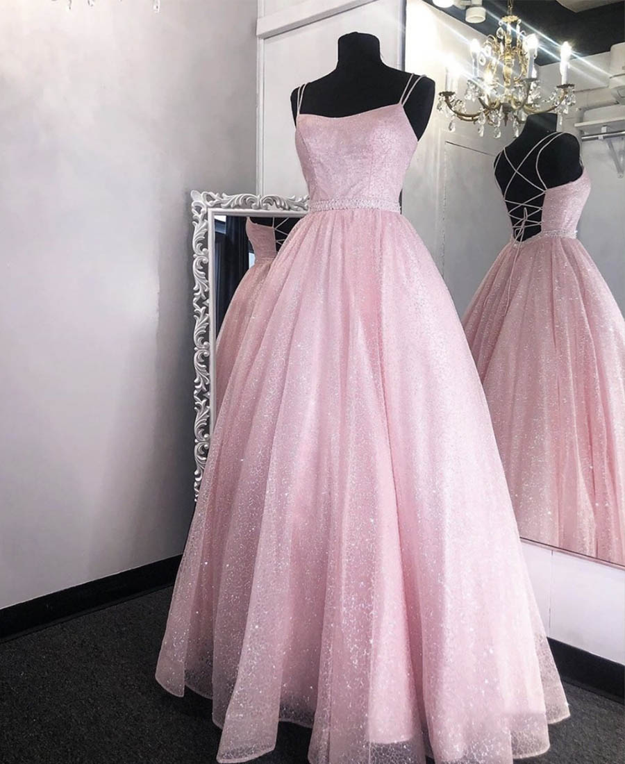Pink tulle sequins long prom dress evening dress