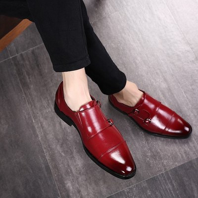 Monk Shoes Maroon Patent Leather Burnished Cap Toe Double Buckle Premium Quality