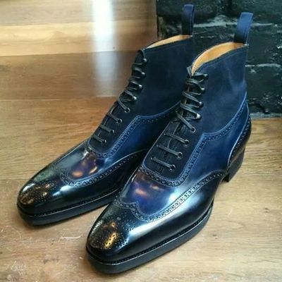 Two Tone Men's Wing Tip Brogue Toe Genuine Leather High Ankle Lace up Boots