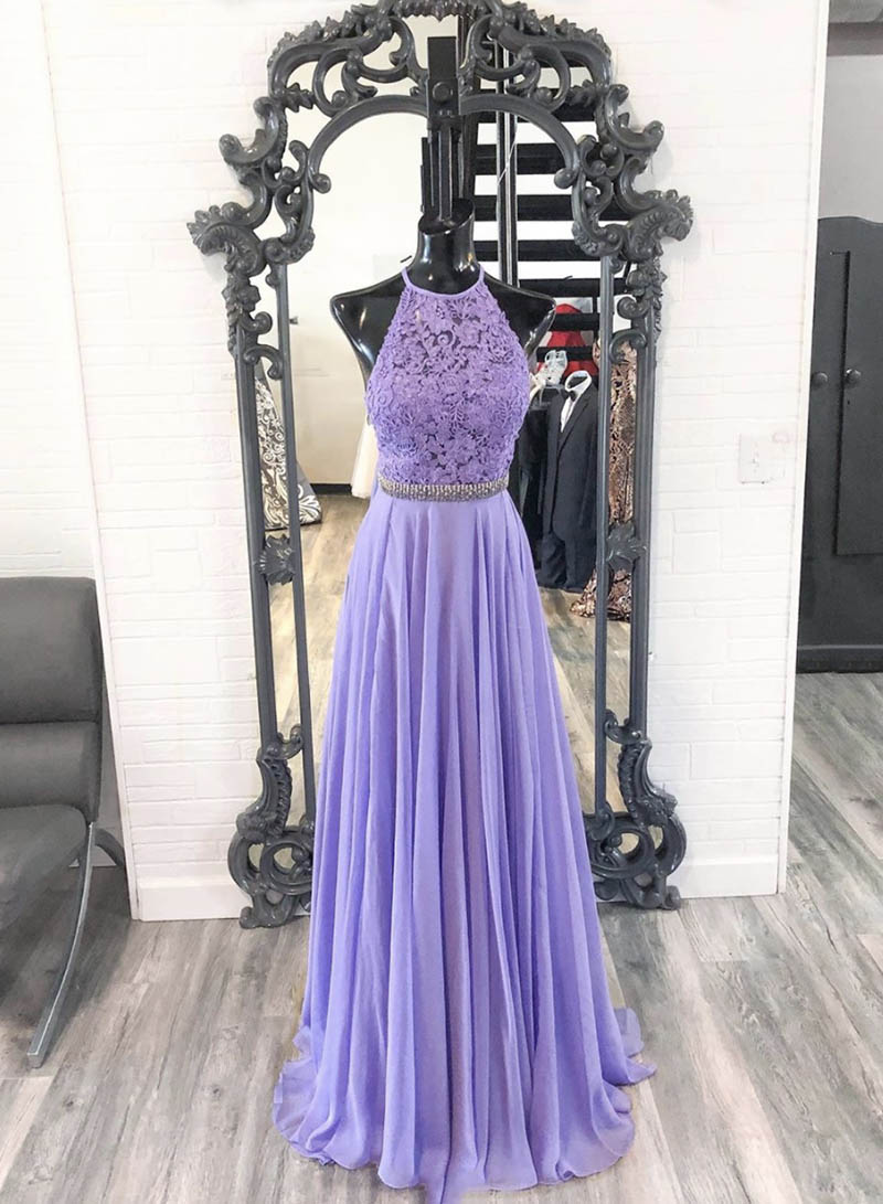Purple chiffon lace long prom dress evening dress