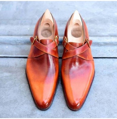 Handmade Men Tan Double Monk Strap Round Toe Dress Shoes, Real Leather Shoe