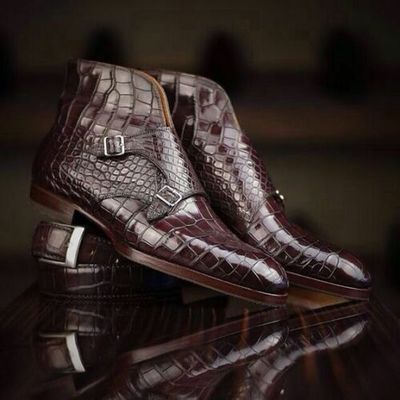 Handmade men brown crocodile boot, men alligator texture ankle boots, monk strap