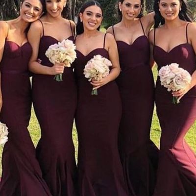 Spaghetti straps mermaid burgundy long bridesmaid dress - Thumbnail 2