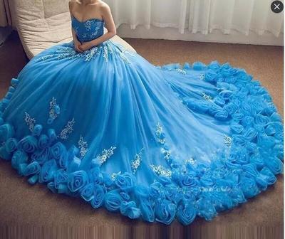 Sky Blue Lace Sweep Train New Design Ball Gown Wedding Dresses Sweetheart Lace-up Empire Tulle Tiered Skirts Hand Made Flowers Gowns