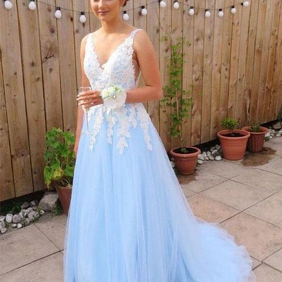 Ball gown v neck light blue lace prom dresses, gown dresses - Thumbnail 5