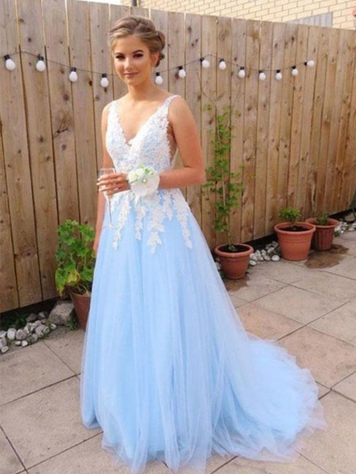 Ball gown V Neck Light Blue Lace Prom Dresses, Gown Dresses