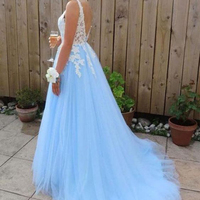 Ball gown V Neck Light Blue Lace Prom Dresses, Gown Dresses - Thumbnail 1