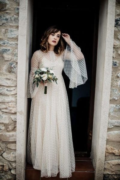 Simple Polka Dots Wedding Gowns A-Line Long Sleeve Bride Dresses