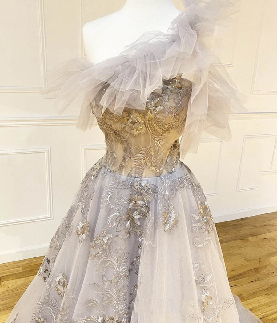 Unique strapless tulle lace prom dress formal dress