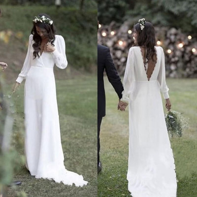 Boho V Neck V Back Wedding Dresses Bridal Gown