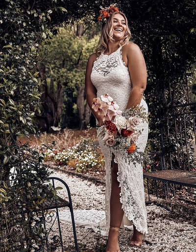 Halter Lace Slit Ankle Length Wedding Dresses Bridal Gown