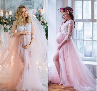 Formal Pink A Line Wedding Dresses Maternity Pregnancy Styles Bridal Gowns Sheer Long Sleeves V-Neck Appliques Split Bridal Gowns,426