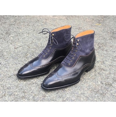 Handmade Men's Black Blue Wing Tip Ankle Boots, Men Leather Suede Dress Boots