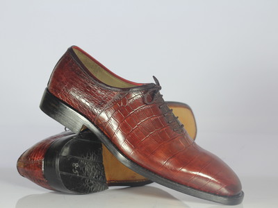 Men's Burgundy Alligator Texture Leather Whole Cut Dress Shoes