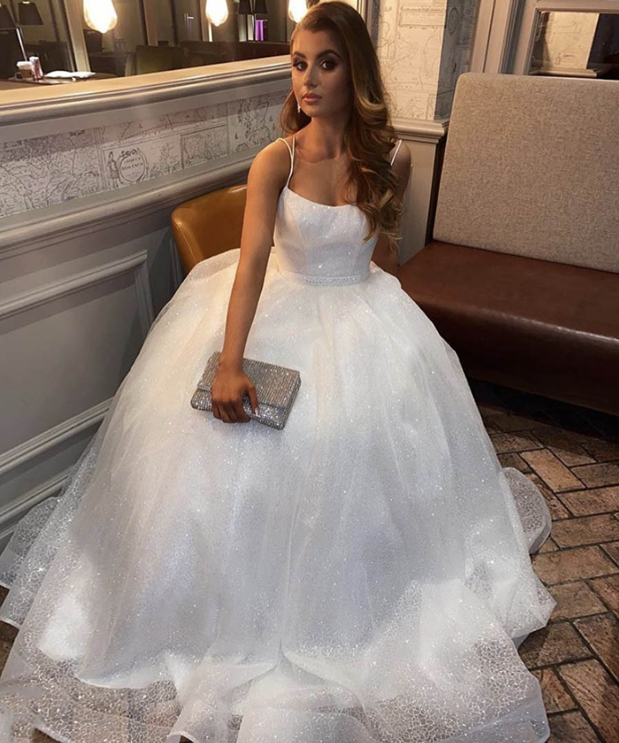 White tulle sequins prom dress evening dress